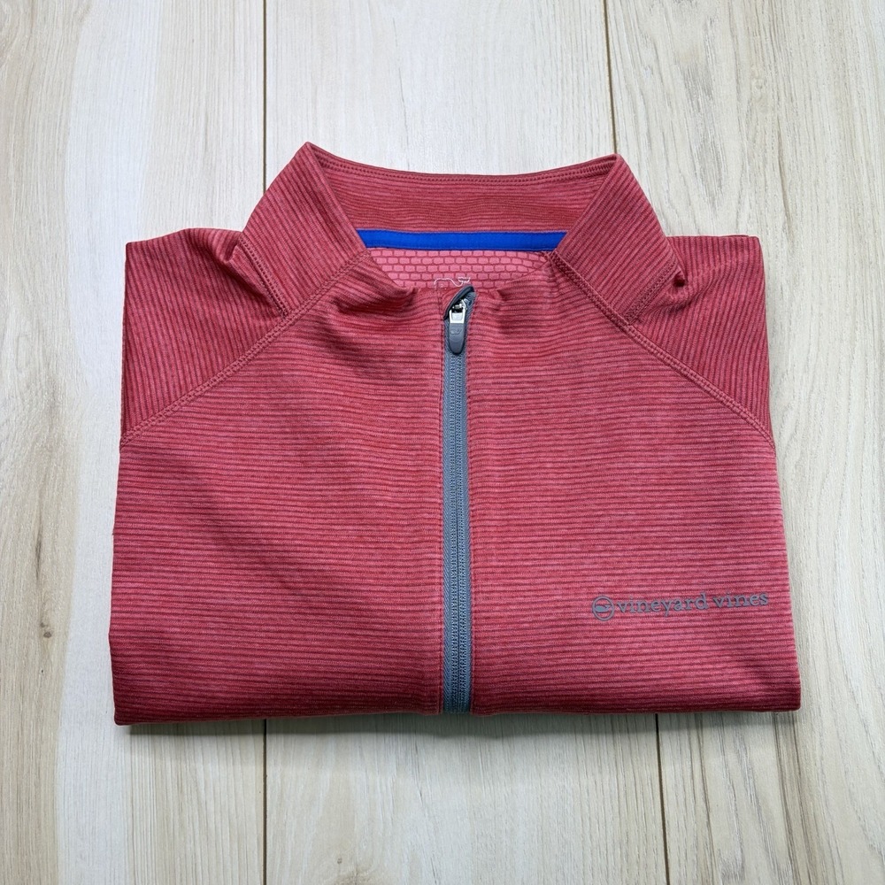 Vineyard Vines Men Performance Striped Sankaty Quarter Zip Sweater Red XXL